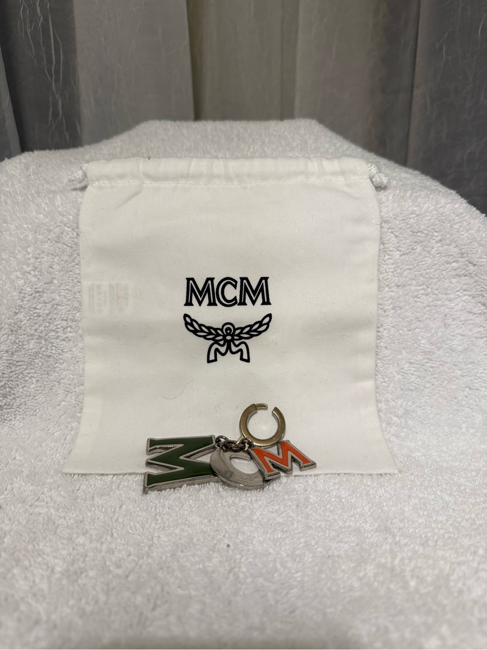 MCM Green, Silver and Orange Logo Letters Bag Charm or Keychain
